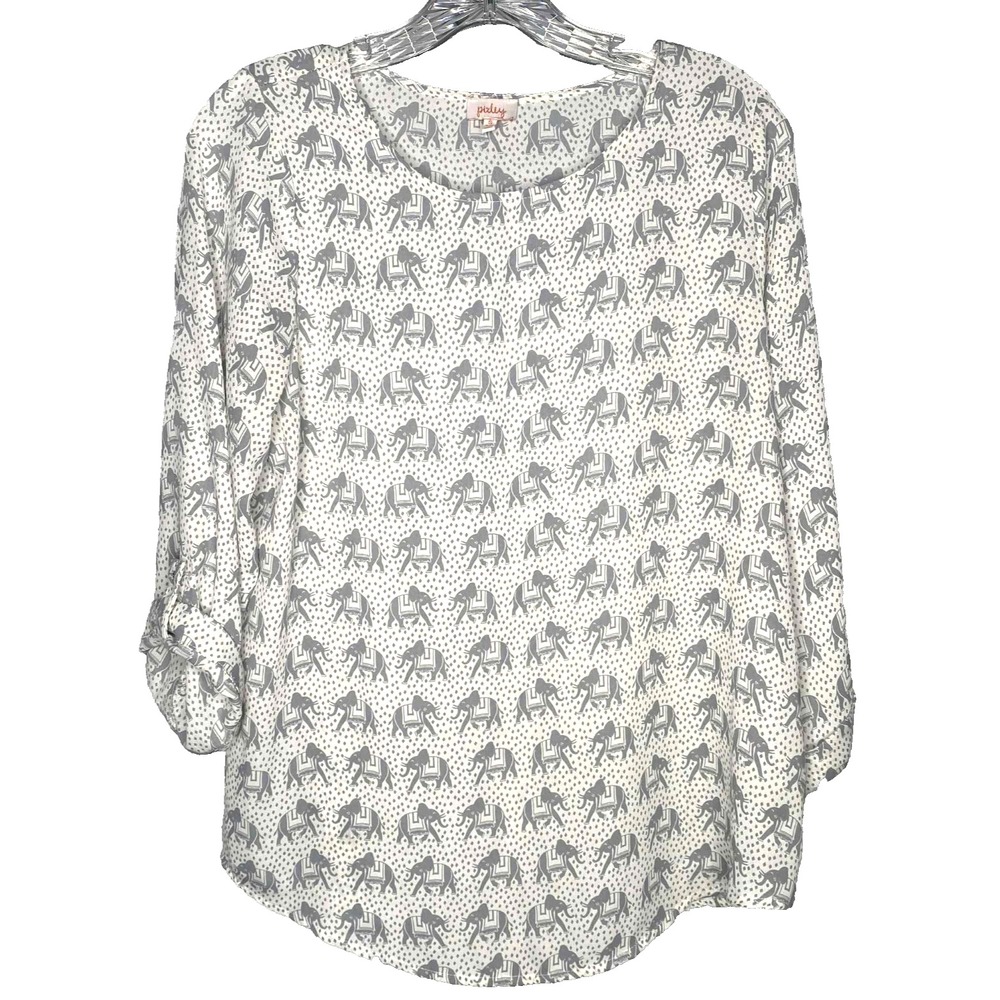 Pixley‎ Women's Size Small Elephant Print 3/4 roll tab Sleeve Lightweight Blouse